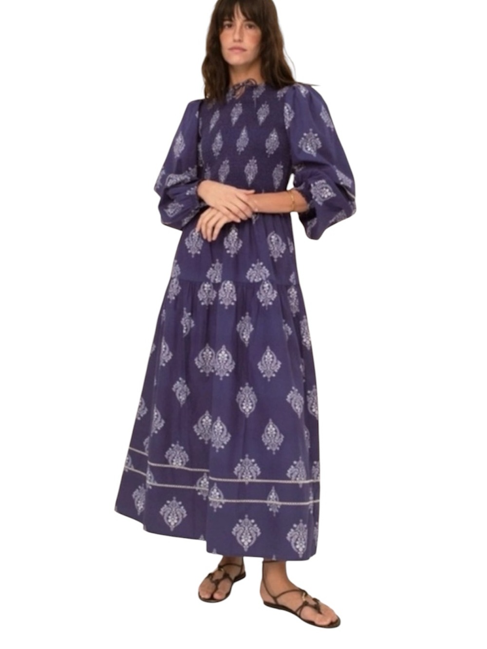 Sonmer Camilla Navy Smocked Long Sleeve Maxi Dress Size Small
